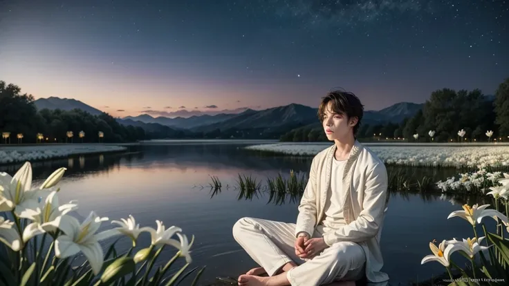 Draw a young poet, sitting by a lake at dusk. His expression is serene and contemplative, and he is surrounded by a soft, colorful glow emanating from his verses written on parchment around him. In the background, fields of white lilies symbolizing purity ...