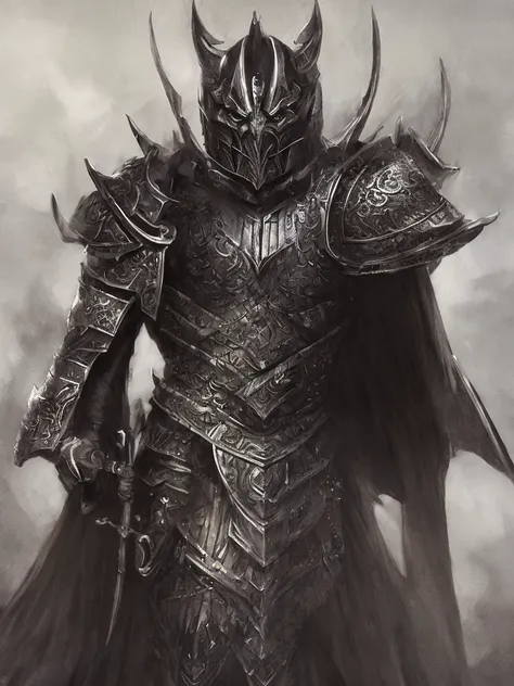 Close-up of a handsome but creepy knight from hell, on a battlefield, wearing intricate dark armor, horror concept art, dark fairytale atmosphere, Johan Grenier style, Alyssa Monks style