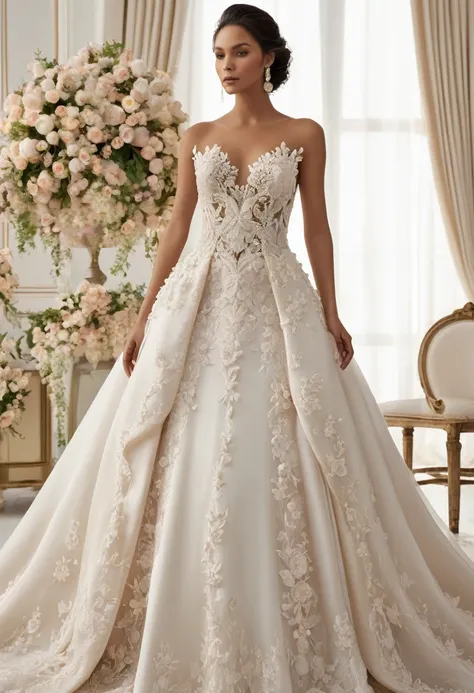 full-length ,wedding dress with plenty of details like 3D flowers, pearl beads, and fine lace. Using soft colors like ivory 