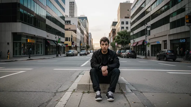 Draw a lone man sitting on a curb in an empty city