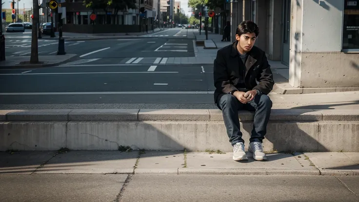 Draw a lone man sitting on a curb in an empty city