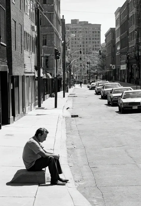 Draw a lone man sitting on a curb in an empty city