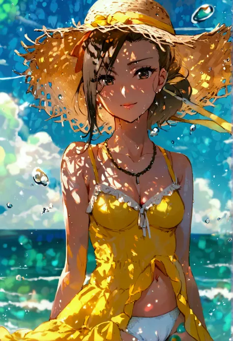 yaoyorozu momo, Summer dress, short yellow dress, medium breasts, air, lifted dress showing tight white panties, camel toe.sea landscape, sunny