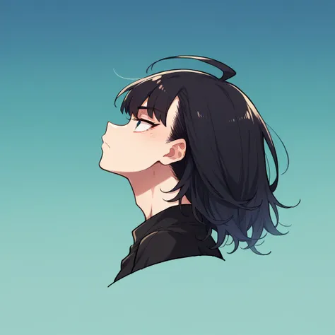 anime kny, shorth hair,  profile posing, blue gradient black hair, grinning, black leagwear, japanese kaori. kizi