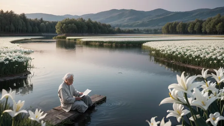 "Draw an elderly, frail poet sitting by a lake at dusk. His expression is serene and contemplative, and he is surrounded by a soft, colorful glow emanating from his verses written on parchment all around him. In the background, fields of white lilies symbo...