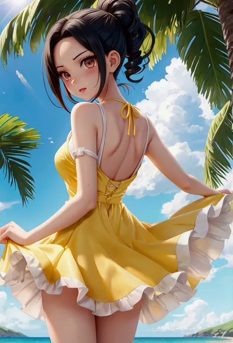 yaoyorozu momo, Summer dress, short yellow dress, air blowing, lifted dress showing white panties. playa, sunny. Back