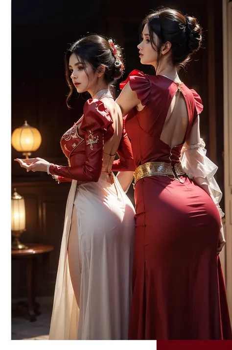 an india aunty bending forward and showing her beautiful rear wearing a red garment. translucent couture, with puffy sleeves, si...