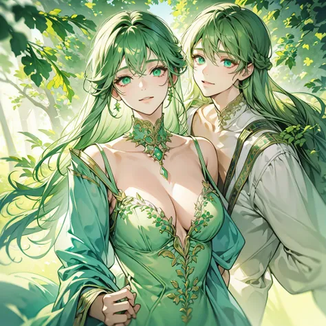 a beautiful ethereal boy with light green long shoulder length hair, light green eyes, smiling, soft boy, portrait, extremely detailed, highres, 8k, best quality, masterpiece, vivid colors, studio lighting, intricate details, glowing skin, gentle expressio...