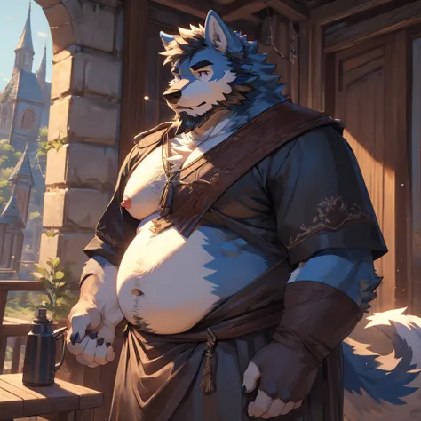 ((best quality)), ((masterpiece)), (Ultra detailed), ((4k)) Solo , Anthro Wolf , Light Blue Fur , Short Hair , Beard , Middle Ages , Big Pecs , Chubby Belly , Lactation