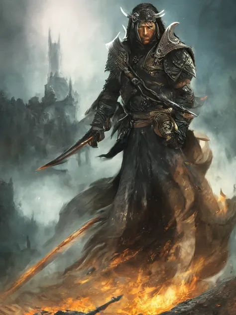 Close-up of a handsome warrior man, on a battlefield, wearing intricate dark armor, horror concept art, dark fairytale atmosphere, Johan Grenier style, Alyssa Monks style