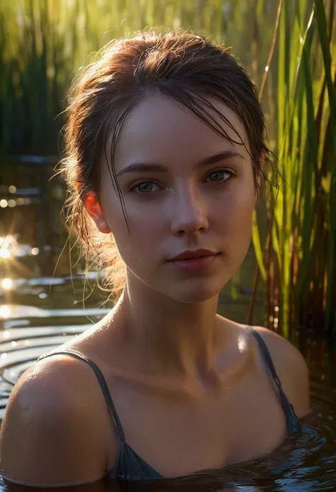 close up portrait of a cute woman (gldot) bathing in a river, reeds, (backlighting), realistic, masterpiece, highest quality, lens flare, shade, bloom, [[chromatic aberration]], by Jeremy Lipking, by Antonio J. Manzanedo, digital painting,