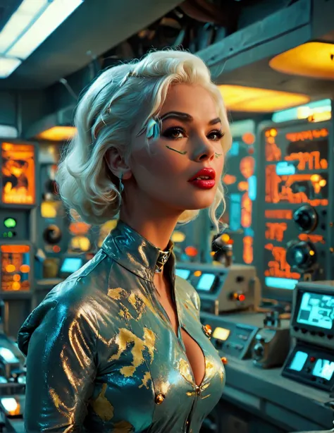 jayne mansfield (age 25, young and vibrant, sexy sci fi scientist), damsel in distress, recoiling from a terrible monster. science lab 1960s sci fi cinema. Show all of her, full body shown
