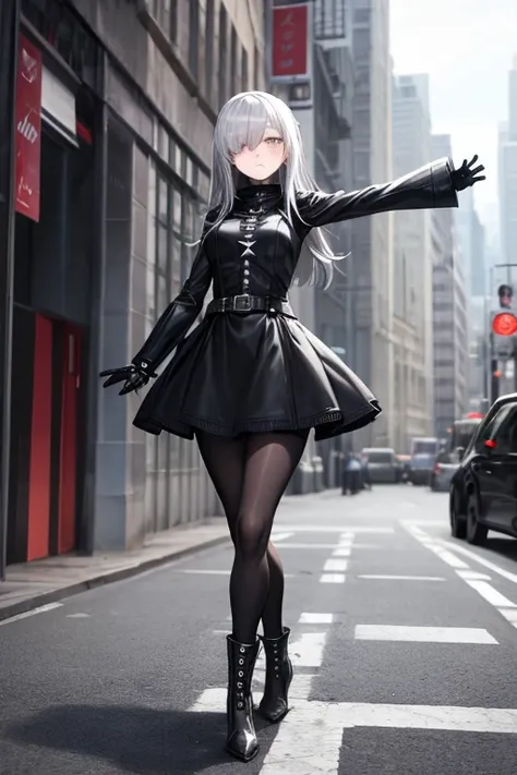 ((best quality)), ((masterpiece)), (detailed), 1 girl, Full body, 18 years old, Depressed face, Silver eyes, Arms outstretched, Arms behind waist, Metal covering her eyes, Blushing, Silver hair, Straight hair, Bangs, Lock of hair covering her eye, Full bod...