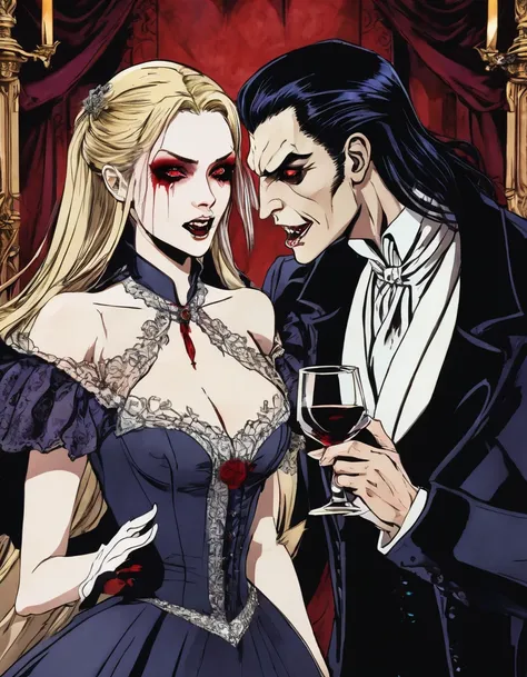 A slightly cartoonish/anime-style image featuring a male vampire with sharp vampire fangs. He is drinking blood from the neck of an attractive blonde female. The vampire has pale skin, dark hair, and glowing red eyes, wearing a classic Victorian suit with ...