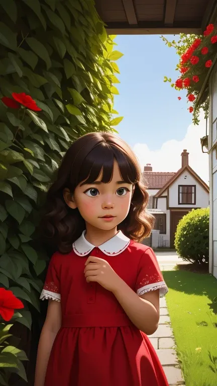 Realistic portrait of a seven year old, She wears a red dress . Your face is and exploratory . He cautiously goes out into the garden of the house,  A small cat is among the bushes and he touches it cautiously ,Not facing the camera,, Hair is messy , 