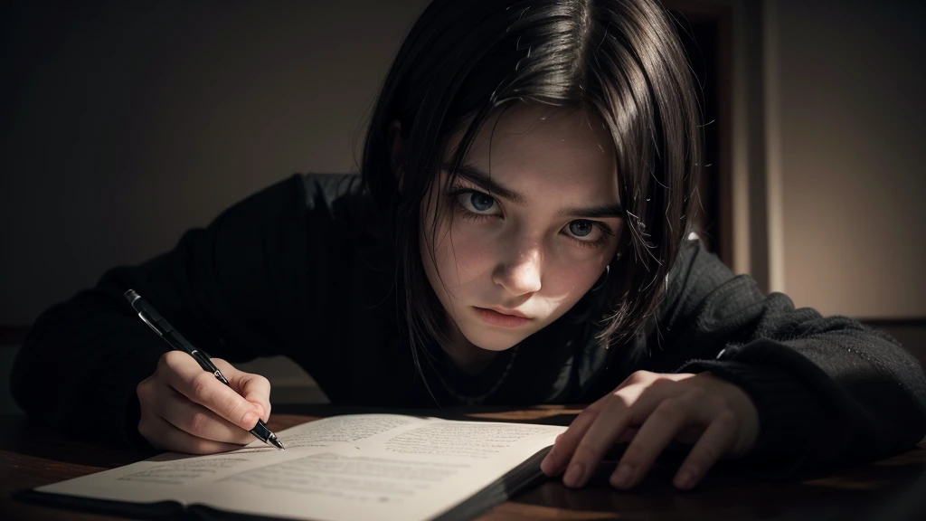 Illustrate a vigorous young poet, with a dark and pensive expression, writing in a dark notebook in a dimly lit room. The atmosphere should be heavy, with distorted shadows and a maze-like feeling of tortuous thoughts all around you.