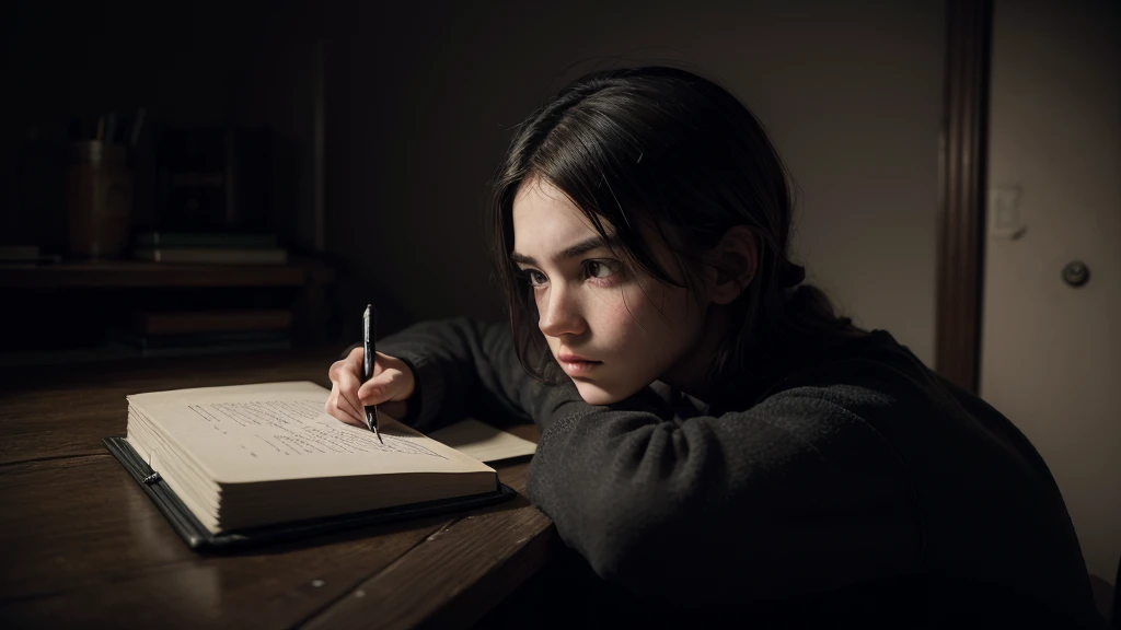 Illustrate a vigorous young poet, with a dark and pensive expression, writing in a dark notebook in a dimly lit room. The atmosphere should be heavy, with distorted shadows and a maze-like feeling of tortuous thoughts all around you.