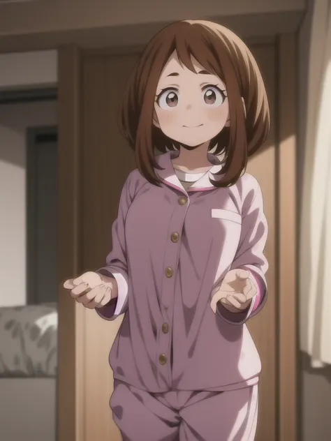 ochaco uraraka, wearing pajamas, nice environment, super detailed, high quality