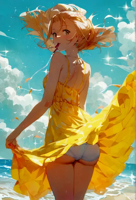 Yamanaka Ino, Summer dress, short yellow dress, air blowing, lifted dress, showing white panties. playa, sunny. Back