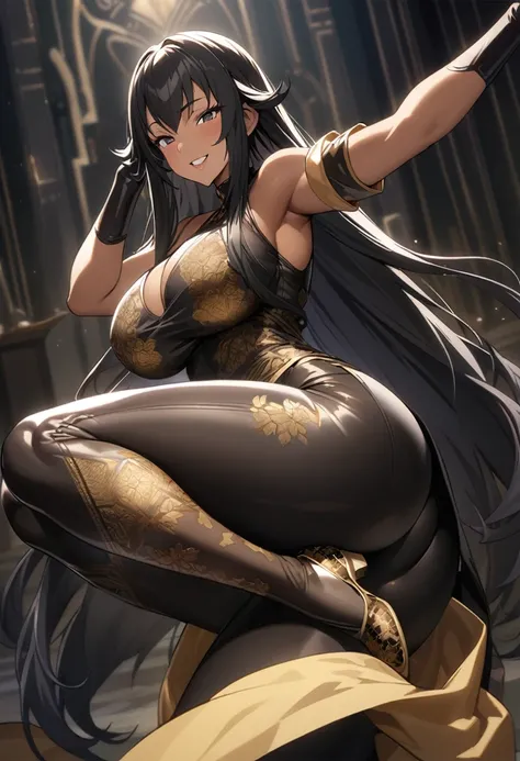 (masterpiece), (best quality), (Extremely detailed),Extremely detailed CG unity 8k wallpaper,Official Art,Expressive eyes,Solitary, (Arm stretch, Smile 1.2), (1 Girl, Mature female, Large Breasts, Big Ass，Black Hair, Long hair, black eyes, Dark-skinned wom...