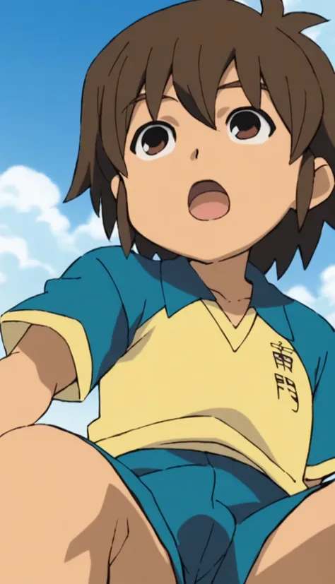 sauce_anime, One boy, Handa Shinichi, Brown Hair, Brown eyes, Pause,Raimon Soccer Uniform, Sitting, Open your mouth, Best image quality、girl with rice balls in both hands、Plump Cheeks、(口の周りのrice粒)、Beige Parka、ショートカットのBrown Hair、Open your mouth wide、happine...