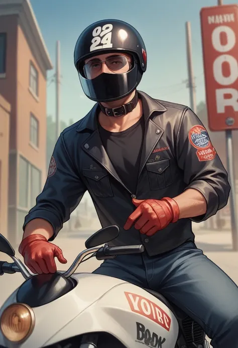 14 year old boy, wearing a motorcycle helmet, wearing a black polo collar and red biker gloves in 3D cartoon style, whole body, ok thumb sign