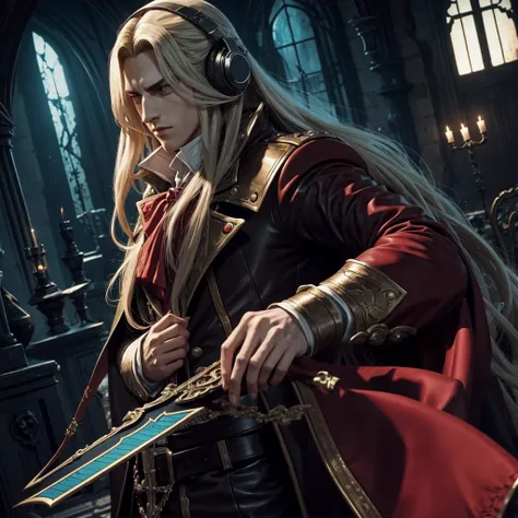 Alucard from castlevania with headphones listenting to music