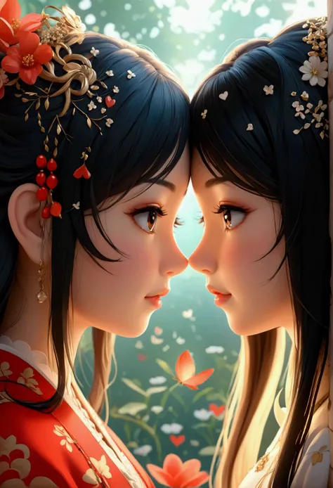 Beautiful curvy chibis, one with long black hair, delicate Asian features, the other with semi-long light brown hair, delicate British features, both are in love. illustration, 3d rendering, photography, realistic, anime, photography, poster, fashion, port...