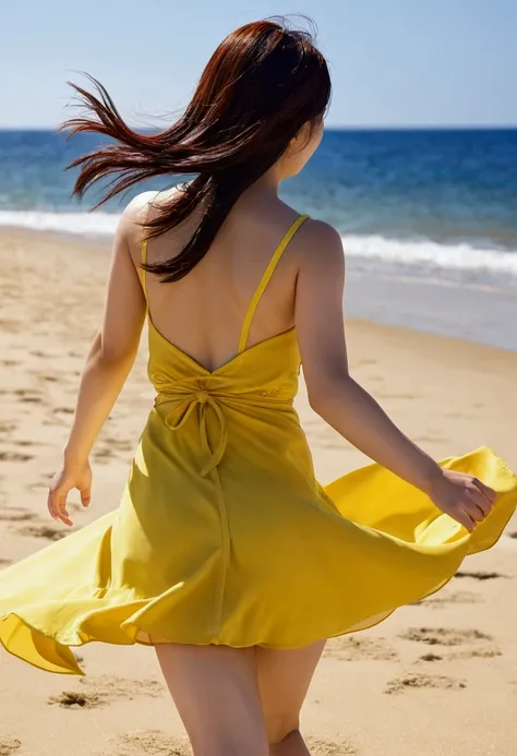 Yamanaka Ino, Summer dress, short yellow dress, running wind, lifted dress, showing white thong. playa, sunny. Back