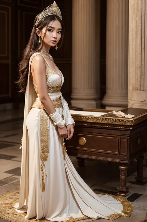 Masterpiece, 1 girl, solo, Imagine a Roman wedding in Ancient Rome, 83 BC, where the strikingly beautiful and noble princess Abriana, a 27 years old Indonesian noble girl, (slim body, light brown hair,white pale bright asian skin,ultra detailed noble yet s...