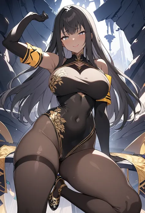 (masterpiece), (best quality), (Extremely detailed),Extremely detailed CG unity 8k wallpaper,Official Art,Expressive eyes,Solitary, (Arm stretch, Smile 1.2), (1 Girl, Mature female, Large Breasts, Big Ass，Black Hair, Long hair, black eyes, Dark-skinned wom...