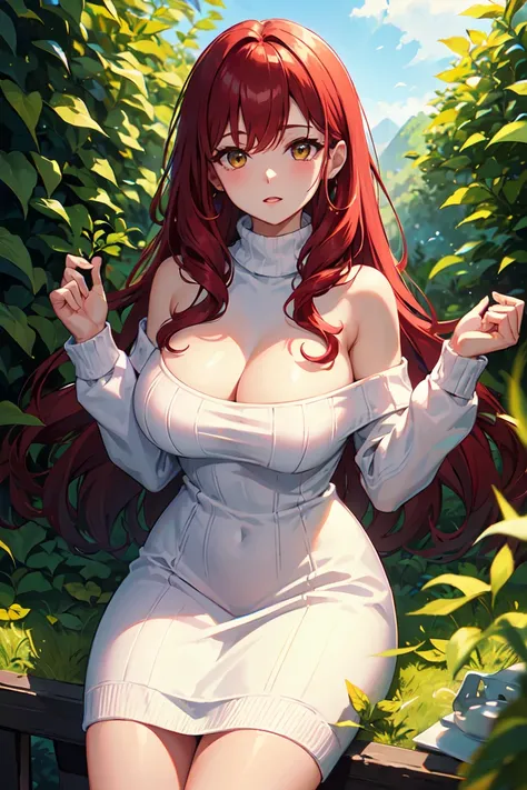 1 female、ruby red hair、long hair、curly hair、{{{red and gold eyes}}}、thick lips、White turtleneck knit dress、off shoulder、slim、valley、big breasts、Fresh greenery、Green leaves、Tea plantation、sunlight、masterpiece、ultra high resolution、perfect lighting、16k