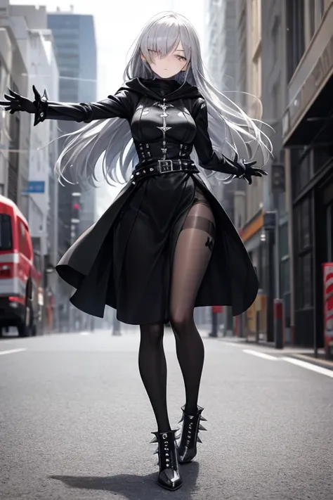 ((best quality)), ((masterpiece)), (detailed), 1 girl, Full body, 18 years old, Depressed face, Silver eyes, Arms outstretched, Arms behind waist, Metal covering her eyes, Blushing, Silver hair, Straight hair, Bangs, Lock of hair covering her eye, Full bod...