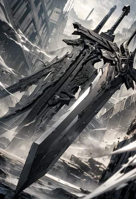 an extremely detailed 4k picture of just a longsword weapon made of black steel and covered in grey smoke & dark runes