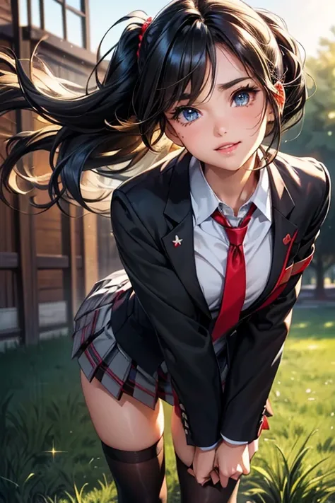 #Basics A girl is posing for a photo, animeのかわいい女の子, (((One Girl, Baby Face, Young girl, 16 years old))), 
BREAK 

#Clothing Accessories 
(A school blazer with a black base and red accents + (Red and white)Checkered pleated skirt + A tie with a diagonal bl...