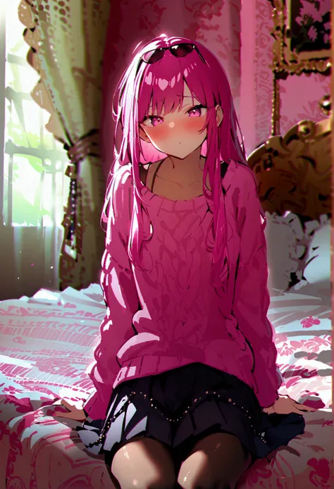 pink hair black glasses pink eyes extremely blushing a large pink sweater short black skirt at the waist chains black stockings that she is a reserved girl her bed that she is on her knees touching her butt