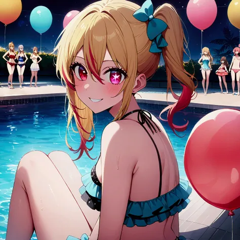 night pool, luxurious pool party venue with a large crowd, large circular swimming pool, hoshinoruby, star-shaped pupils, ruby_hoshino, idol, blonde hair, bangs, pink eyes, long hair, looking at viewer, red eyes, streaked hair, hair between eyes, left side...