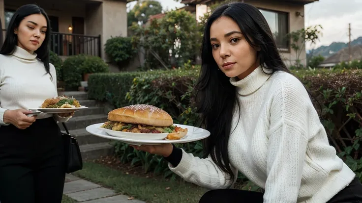 a girl(who is wearing white highneck sweater and black pant, long black hair ) is serving food to an old women with a plate of food in both of her hand, side pose,more realistic, background green hills, evening scene