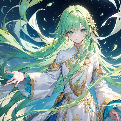 a beautiful ethereal boy with light green slightly long hair, light green eyes, smiling, soft boy, portrait, extremely detailed, highres, 8k, best quality, masterpiece, vivid colors, studio lighting, intricate details, glowing skin, gentle expression, sere...