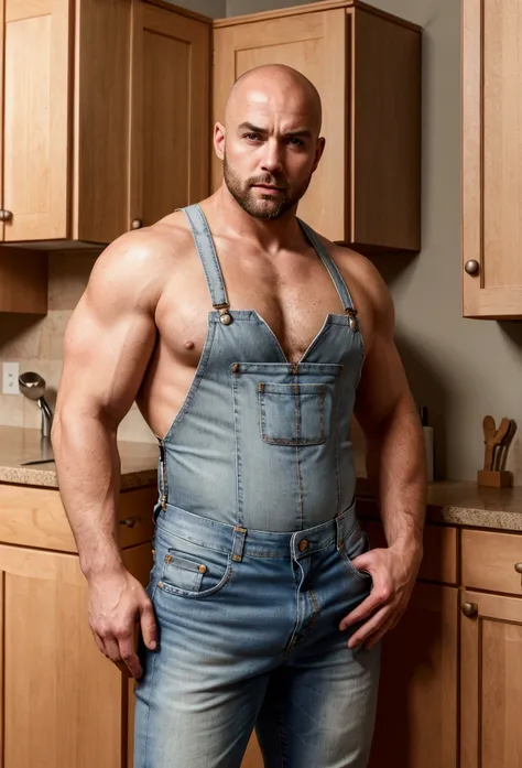 a handsome strong man with a bald head and a short beard, he is wearing suspenders without a shirt and wearing jeans, he is standing in a kitchen with ivory and wooden cabinets, conceptual photo, sensual, gay man, --ar  7087:9449