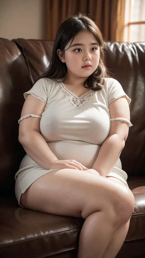 a 10 year old obese girl, chubby cheeks, round face, double chin, thick arms and legs, wearing a , sitting on sofa, realistic, detailed, highly detailed, intricate details, photorealistic, 8k, masterpiece, cinematic lighting, dramatic shadows, vibrant colo...