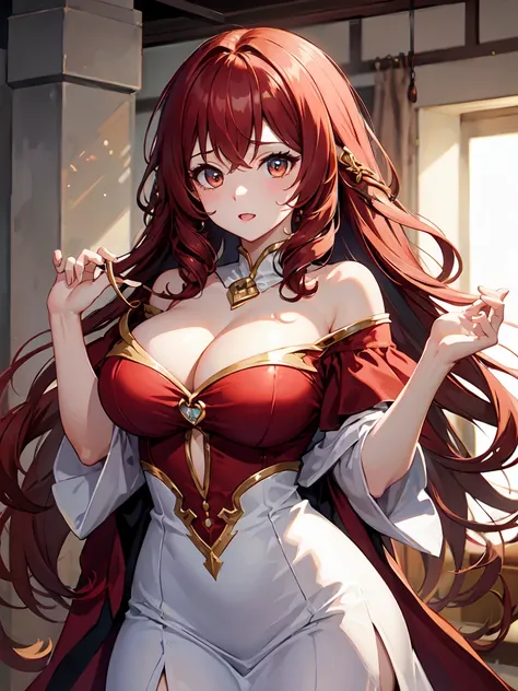 1 female、ruby red hair、long hair、curly hair、{{{red and gold eyes}}}、thick lips、White and red dress、off shoulder、slim、valley、big breasts、sunlight、{{{without background, no background}}}, {{{white background}}}masterpiece、ultra high resolution、perfect lighti...