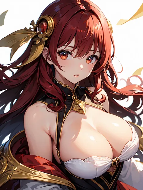 1 female、ruby red hair、long hair、curly hair、{{{red and gold eyes}}}、thick lips、White and red dress、off shoulder、slim、valley、big breasts、sunlight、{{{without background, no background}}}, {{{white background}}}masterpiece、ultra high resolution、perfect lighti...