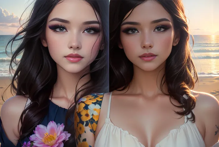 mdnn, (infoque nítido:1.2), portrait, intractive young woman, (beautiful face:1.1), detailed eyes, delicious lips, (eye makeup:1.2), (tight body:1.2), exhausting (flowery dress:1.2) in (the beach:1.2). (morning sun lighting:1.2), depth of field, bokeh, 4k,...