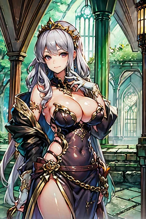 (masterpiece, best quality:1.2), 1girl, solo, tiara, silver hair, red eyes, cleavage, (30 years old) , woman, long hair,