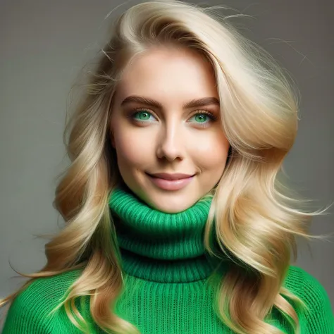 
young woman with beard, blonde long hair, light dream green eyes, wears a turtleneck sweater, happy to receive her minoxidil package