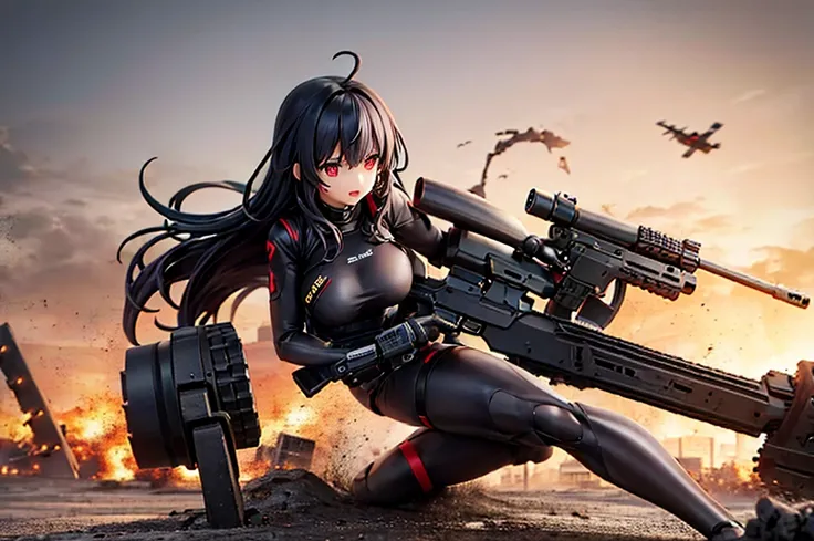 posable articulated anime girl figure with full body heavy tactical black suit, red eyes and straight black hair, with an assault rifle in his hands in a pose ready to attack, with a destroyed city in the background