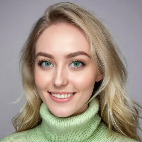 young woman hirsute hairy facial hair with beard, blonde long hair, light dream green eyes, wears a turtleneck sweater, happy to...