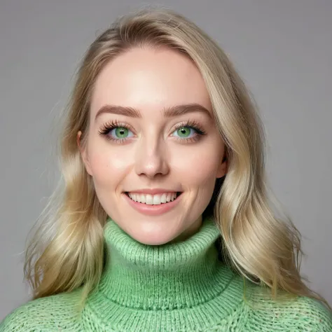 young woman hirsute hairy facial hair with beard, blonde long hair, light dream green eyes, wears a turtleneck sweater, happy to...