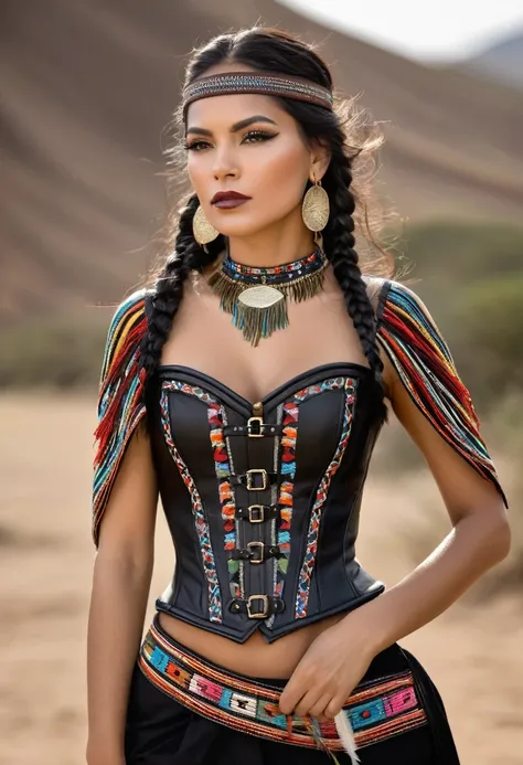 ### karen: Loud Voice
**Hair**: rubio, long and curly to the waist.

**outfit**: 
karen lleva pantalones negros pegados de cuero o material similar, fitted to the body with indigenous embroidery details on the sides. His white shirt has hand-painted Muisca...